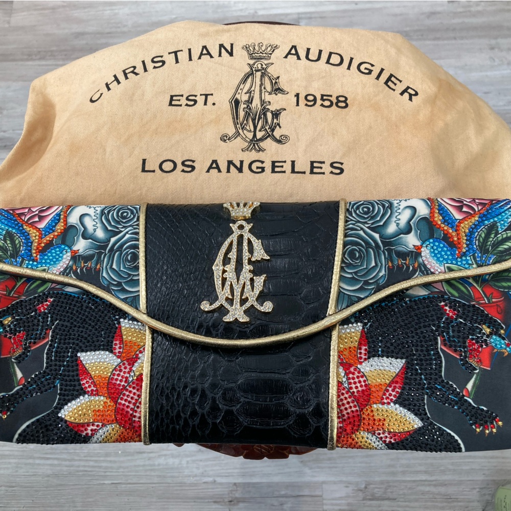 Pre-Loved Christian Audigier Satin Print & Faux Snakeskin Leather Clutch